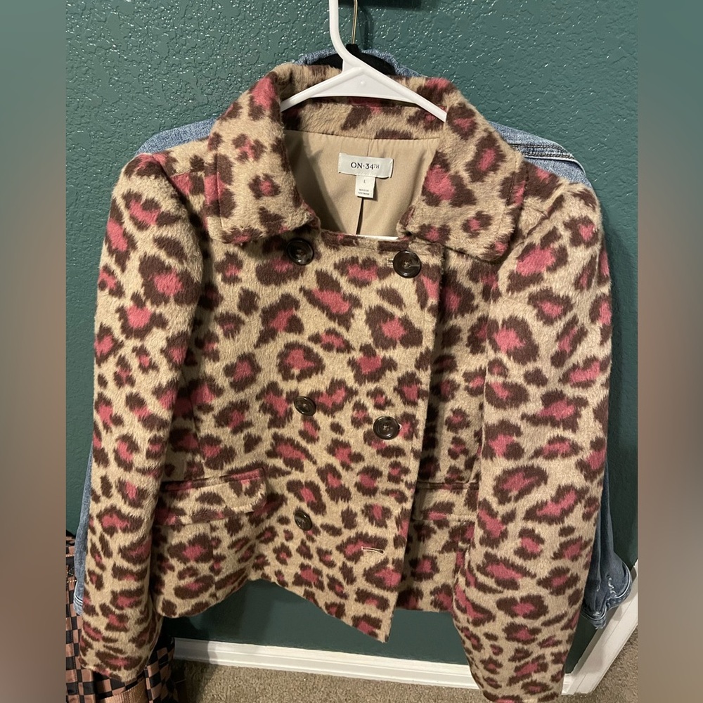 ON 3.1 Pink Leopard Print Wool-Blend Peacoat